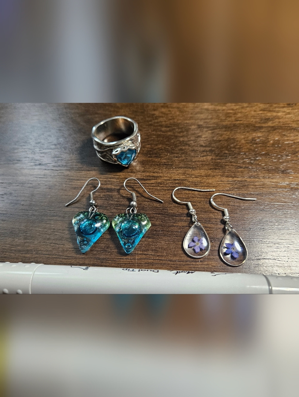 Silver Blue Teardrop Ring with Blue Gem and Handcrafted Resin Earrings Set
